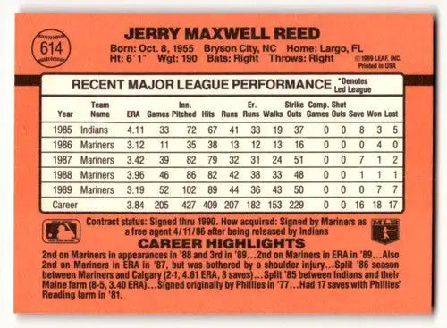 1990 Donruss #614 Jerry Reed Seattle Mariners Baseball Cards EX/NM ID:57538 - Baseball Card Single