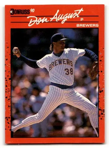 Original gloss 1990 Donruss Don August Milwaukee Brewers baseball card image
