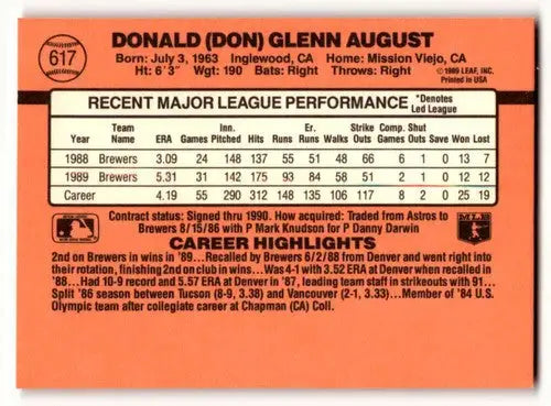 Back of 1990 Donruss #617 Don August Milwaukee Brewers baseball card with original gloss