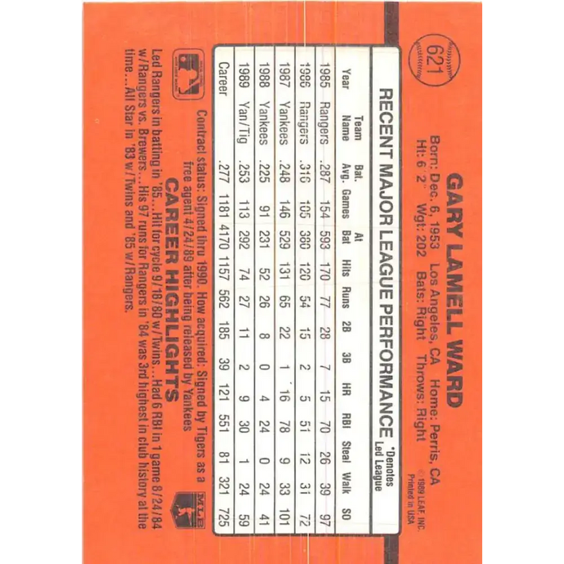 1990 Donruss #621 Gary Ward DP VG-EX Detroit Tigers Baseball Card - Baseball Card Single