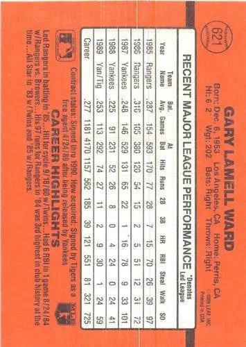 1990 Donruss #621 Gary Ward NM-MT Tigers DP ID:5206 - Baseball Card Single