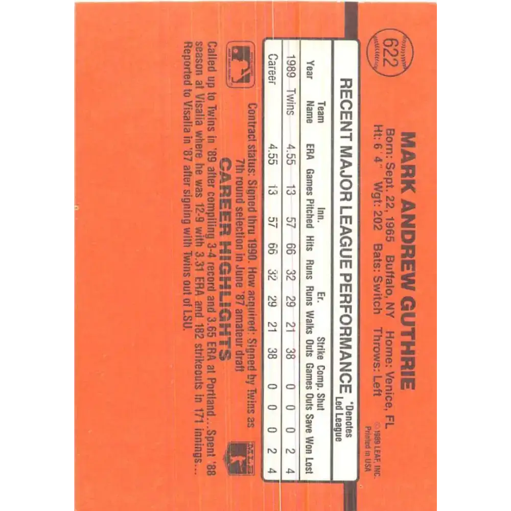 1990 Donruss #622 Mark Guthrie DP VG-EX RC Rookie Minnesota Twins Baseball Card - Baseball Card Single