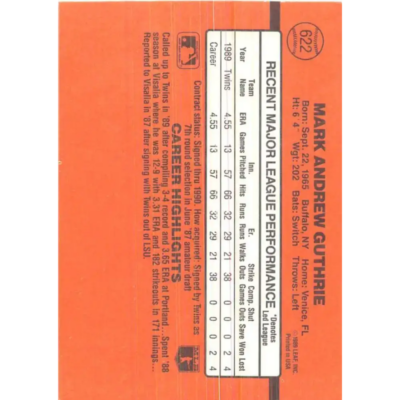 1990 Donruss #622 Mark Guthrie DP VG-EX RC Rookie Minnesota Twins Baseball Card - Baseball Card Single