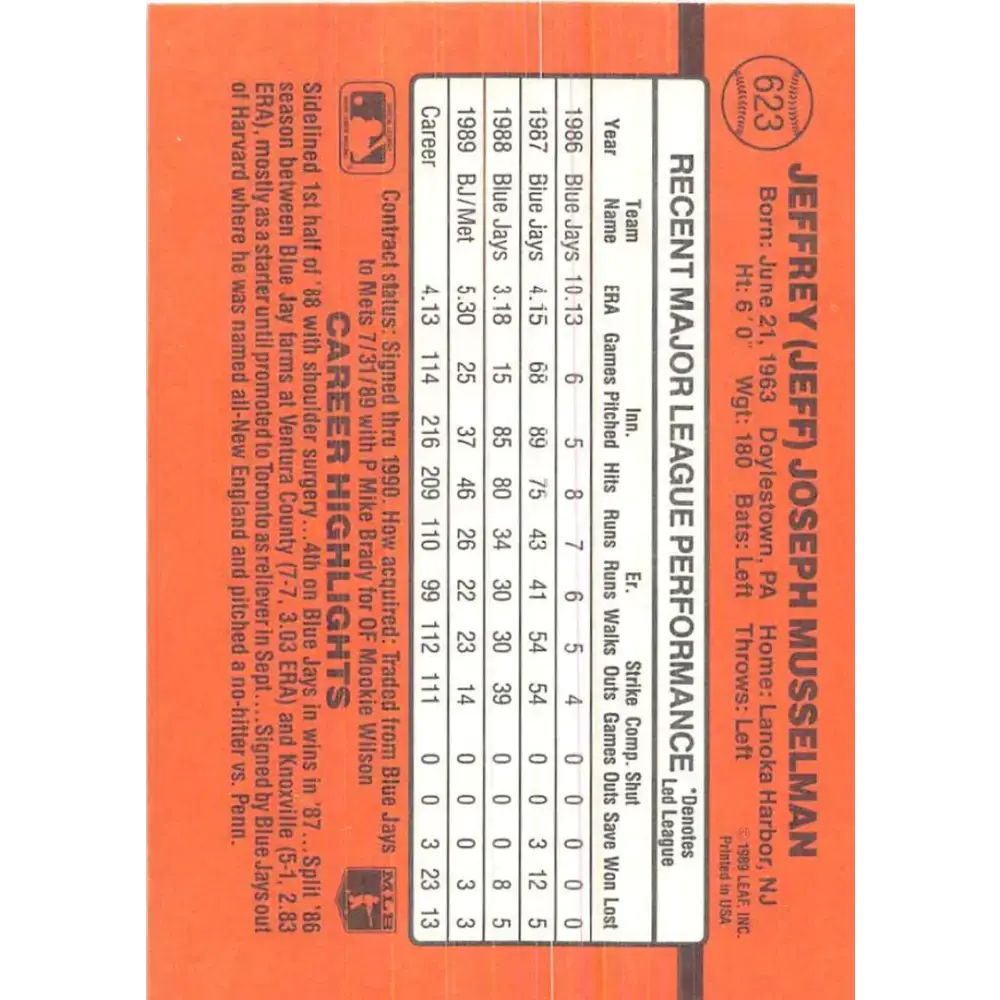 1990 Donruss #623 Jeff Musselman DP VG-EX New York Mets Baseball Card - Baseball Card Single