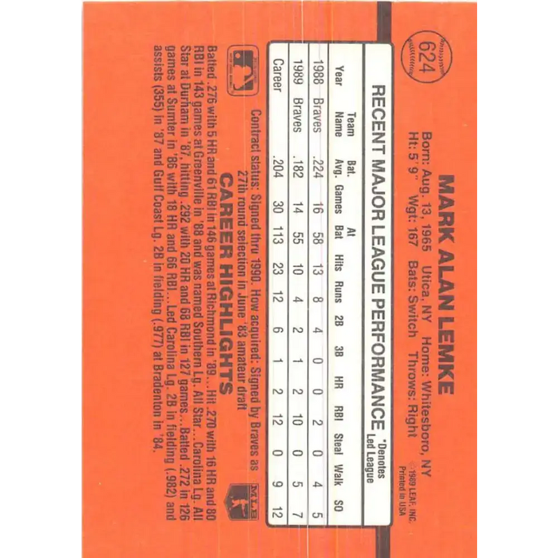 1990 Donruss #624 Mark Lemke DP VG-EX Atlanta Braves Baseball Card - Baseball Card Single