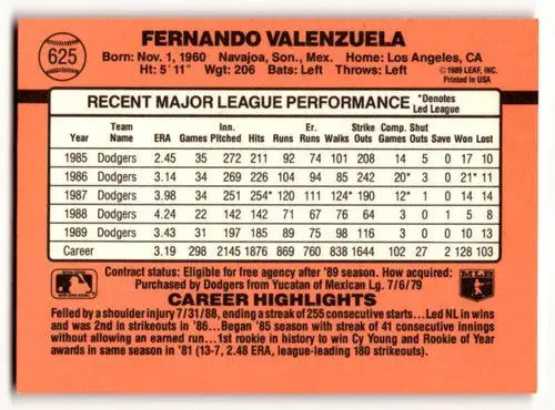 Original gloss image of Fernando Valenzuela baseball card back from 1990 Donruss Dodgers