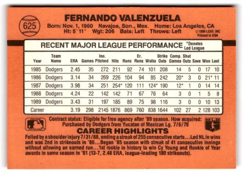Back of a Fernando Valenzuela baseball card with original gloss from 1990 Donruss Dodgers
