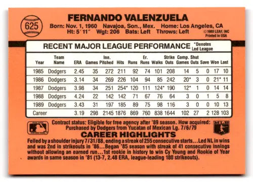 1990 Donruss #625 Fernando Valenzuela NM Near Mint Dodgers ID:74260 - Baseball Card Single