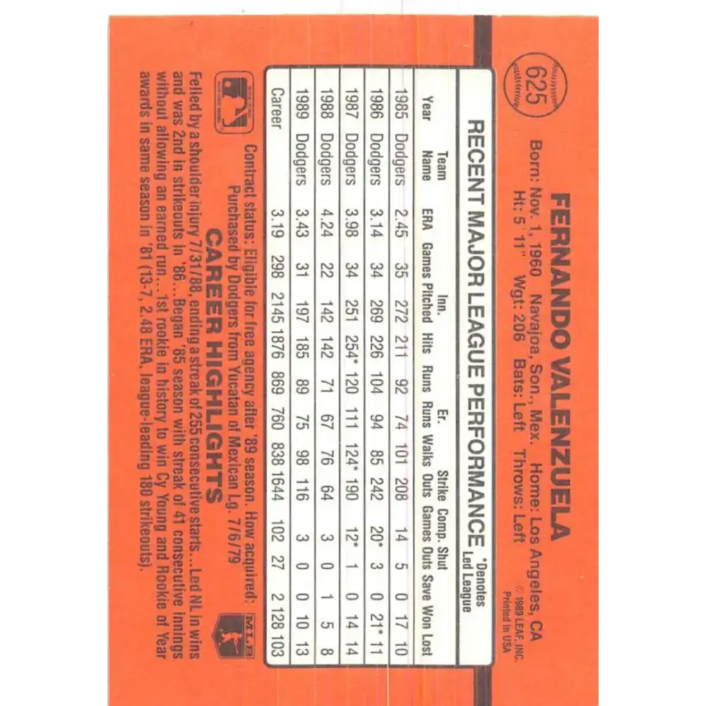 1990 Donruss #625 Fernando Valenzuela VG-EX Los Angeles Dodgers Baseball Card - Baseball Card Single