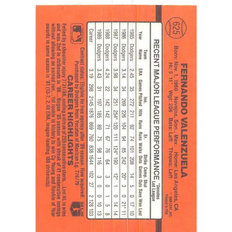 1990 Donruss #625 Fernando Valenzuela VG-EX Los Angeles Dodgers Baseball Card - Baseball Card Single