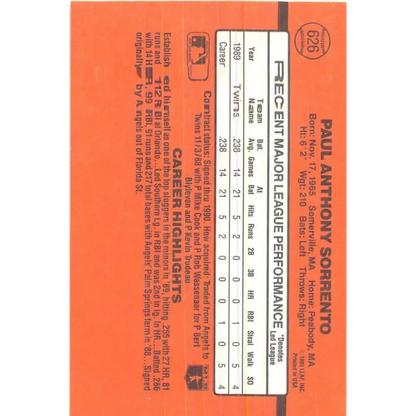 1990 Donruss #626 Paul Sorrento DP VG-EX RC Rookie Minnesota Twins Baseball Card