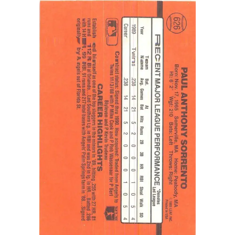 1990 Donruss #626 Paul Sorrento DP VG-EX RC Rookie Minnesota Twins Baseball Card - Baseball Card Single