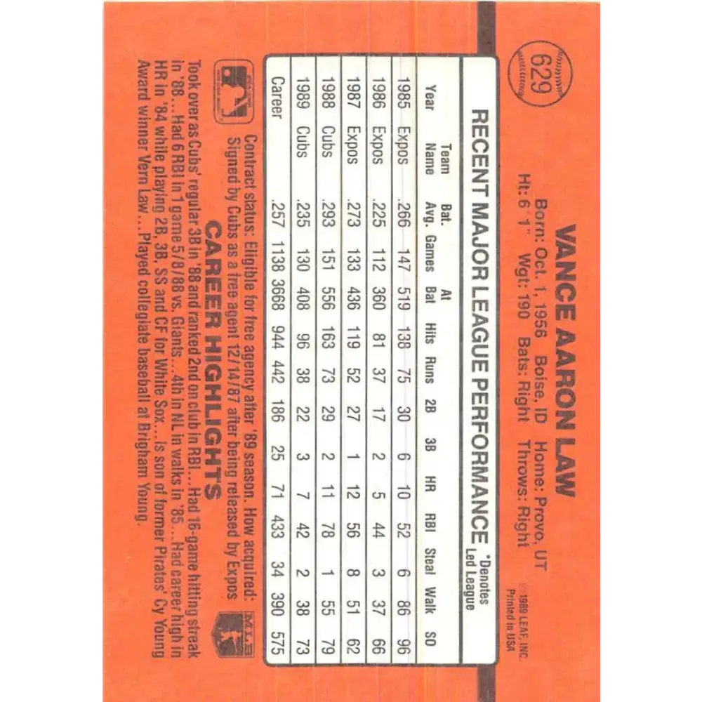 1990 Donruss #629 Vance Law DP VG-EX Chicago Cubs Baseball Card - Baseball Card Single