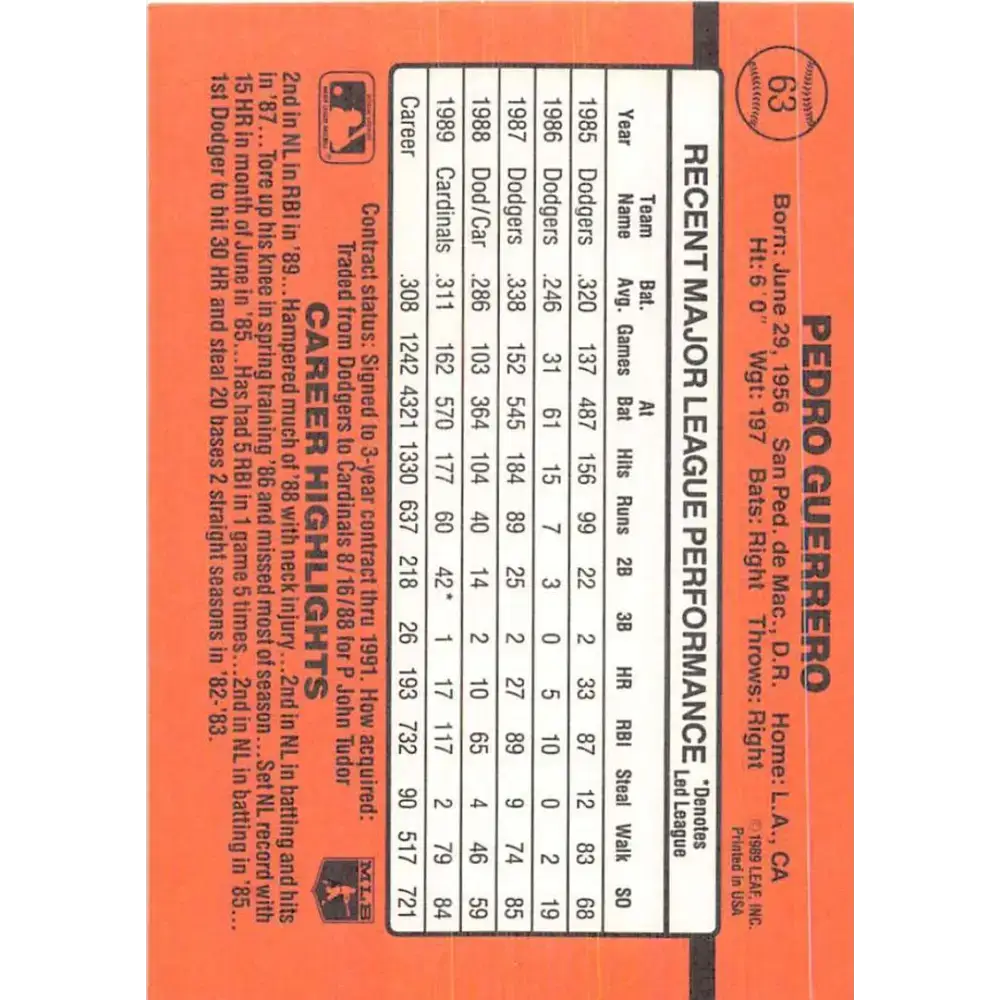 1990 Donruss #63 Pedro Guerrero VG-EX St. Louis Cardinals Baseball Card - Baseball Card Single