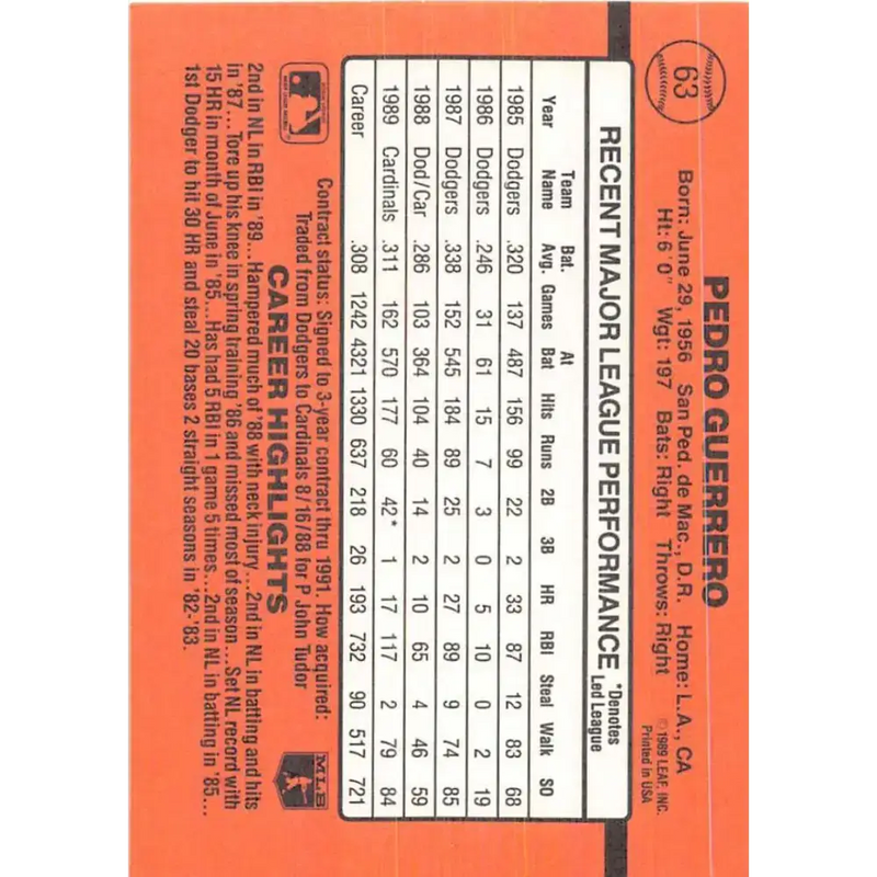 1990 Donruss #63 Pedro Guerrero VG-EX St. Louis Cardinals Baseball Card - Baseball Card Single