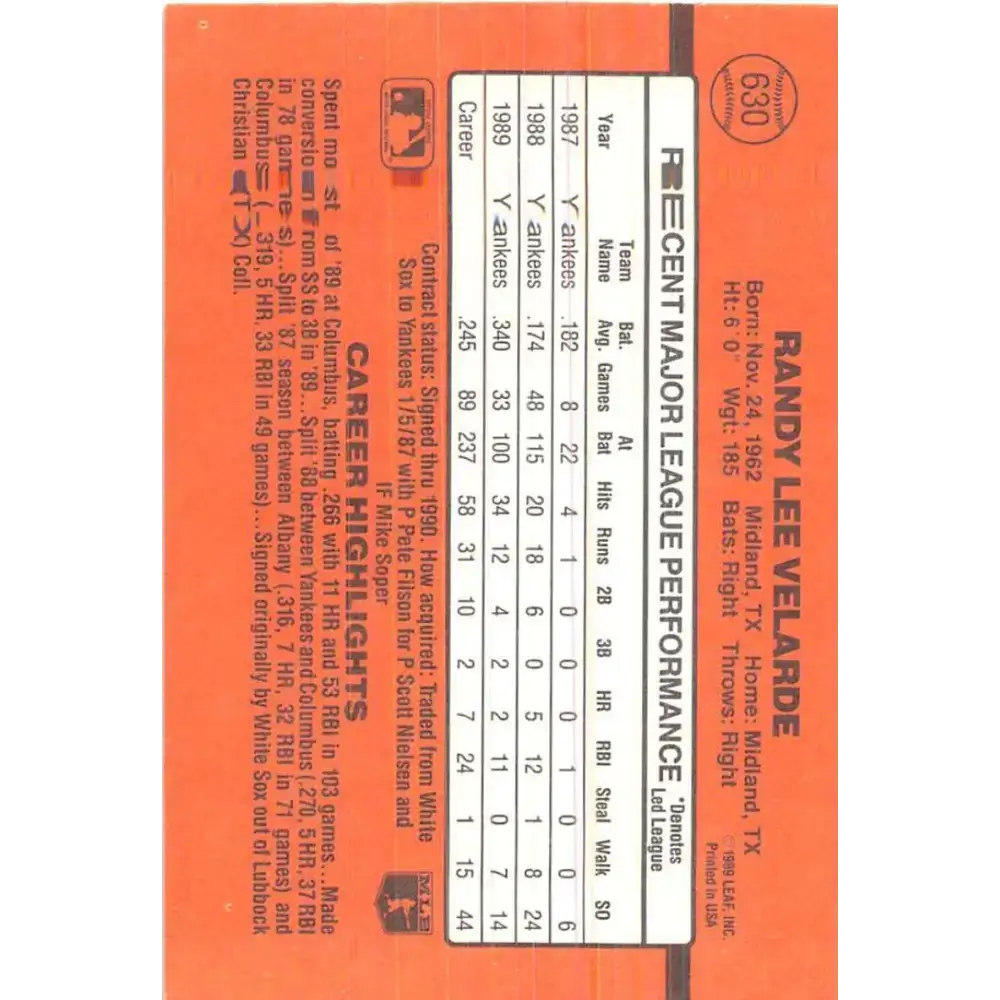 1990 Donruss #630 Randy Velarde DP VG-EX New York Yankees Baseball Card - Baseball Card Single