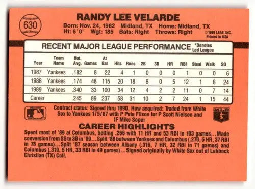 1990 Donruss #630 Randy Velarde New York Yankees Baseball Cards ID:52768 - Baseball Card Single