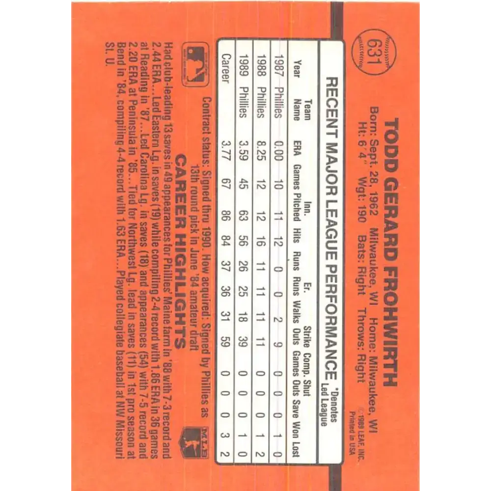 1990 Donruss #631 Todd Frohwirth DP VG-EX Philadelphia Phillies Baseball Card - Baseball Card Single