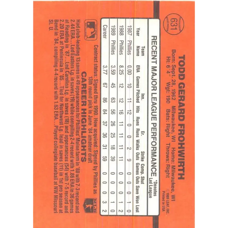 1990 Donruss #631 Todd Frohwirth DP VG-EX Philadelphia Phillies Baseball Card - Baseball Card Single