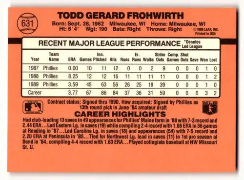 1990 Donruss #631 Todd Frohwirth Philadelphia Phillies Baseball Card ID:56202 - Baseball Card Single