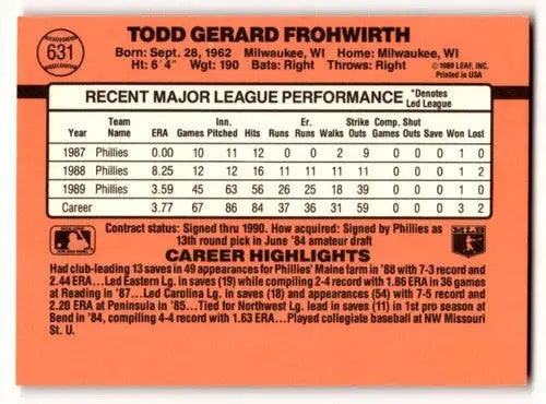 1990 Donruss #631 Todd Frohwirth Philadelphia Phillies Baseball Card ID:56231 - Baseball Card Single