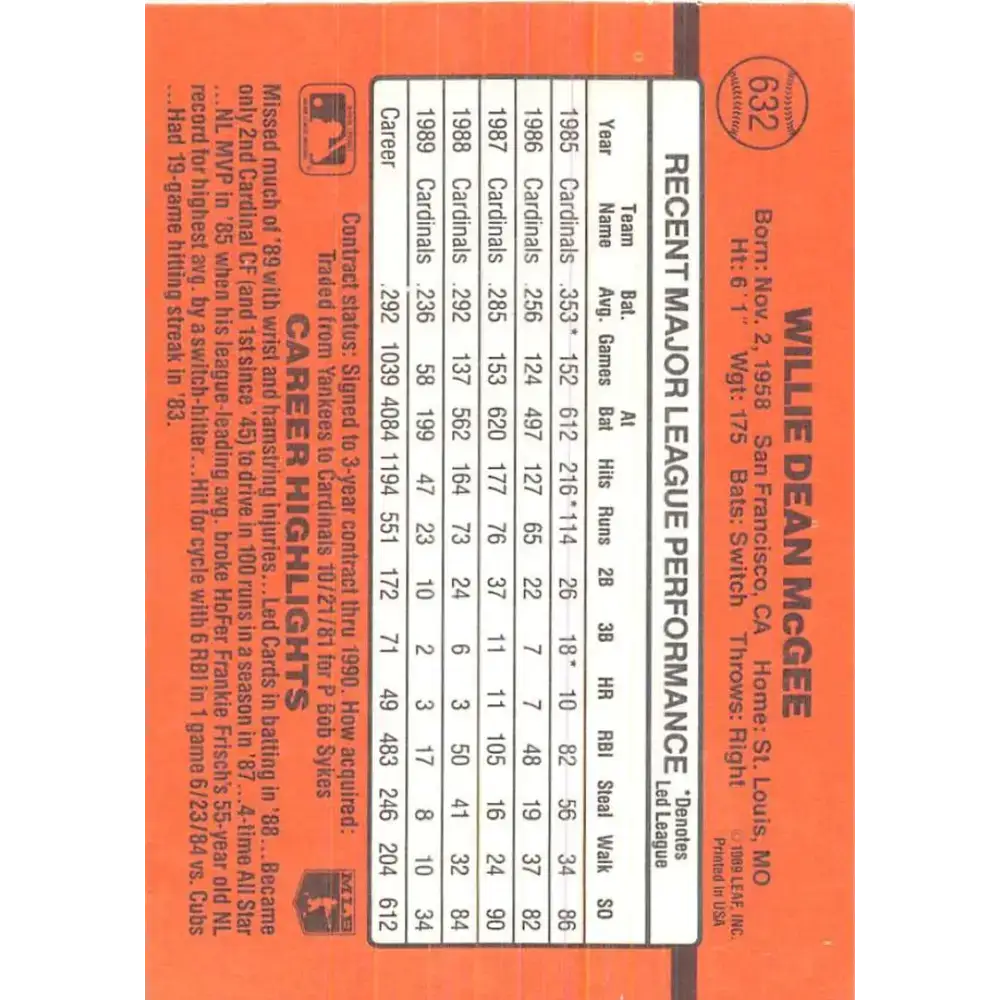 1990 Donruss #632 Willie McGee VG-EX St. Louis Cardinals Baseball Card - Baseball Card Single