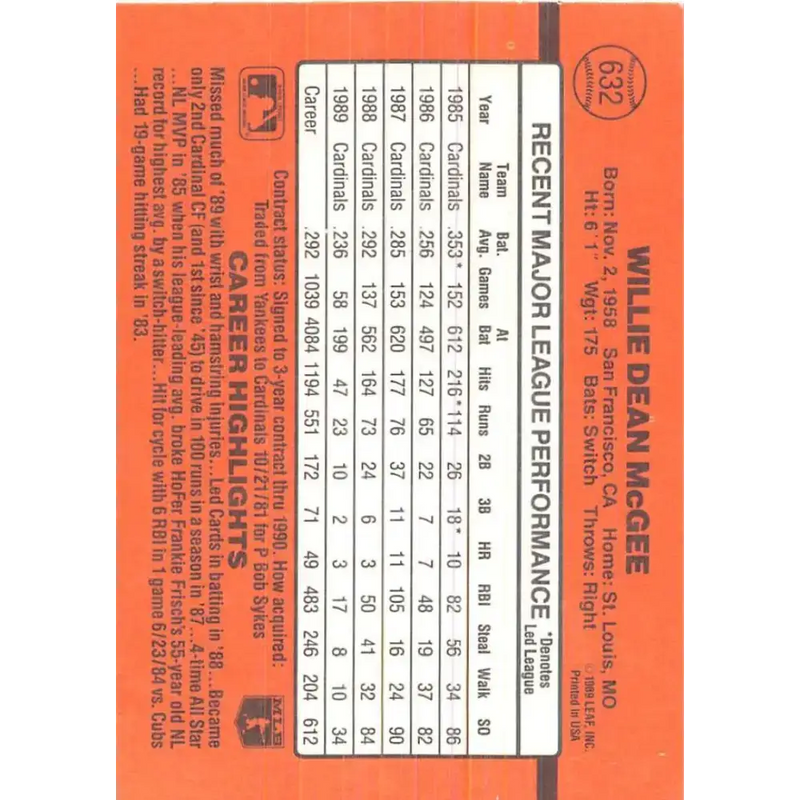 1990 Donruss #632 Willie McGee VG-EX St. Louis Cardinals Baseball Card - Baseball Card Single