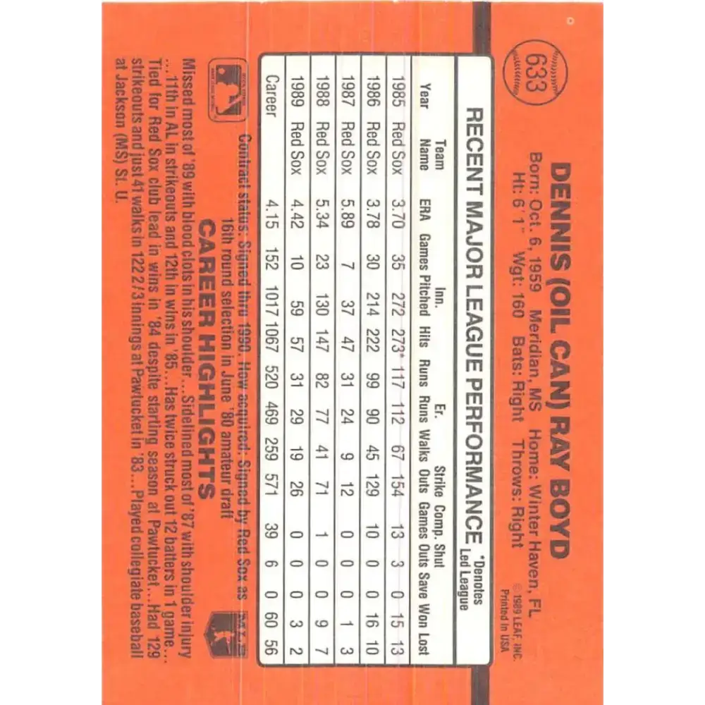 1990 Donruss #633 Oil Can Boyd DP VG-EX Boston Red Sox Baseball Card - Baseball Card Single