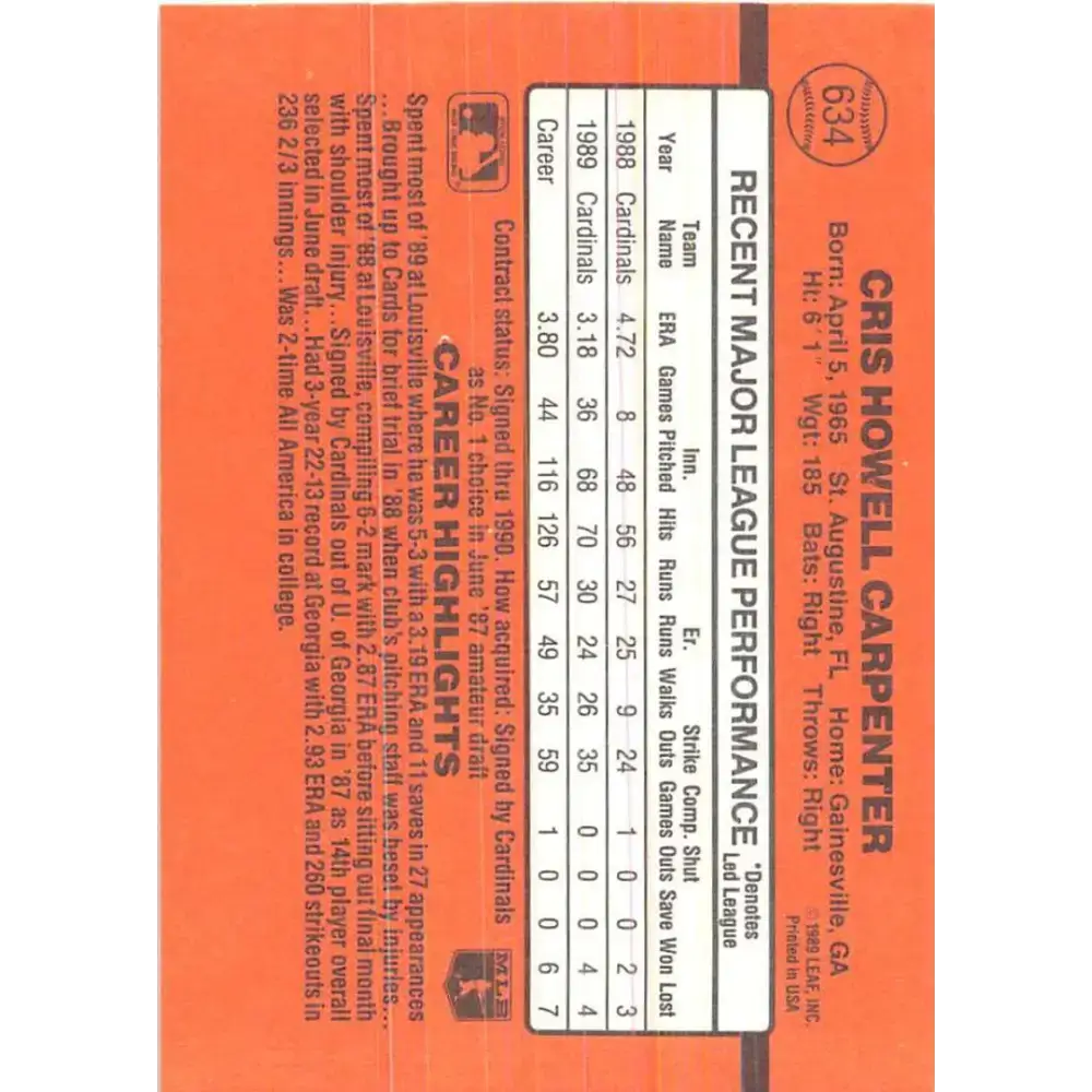 1990 Donruss #634 Cris Carpenter DP VG-EX St. Louis Cardinals Baseball Card - Baseball Card Single