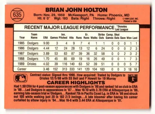 Back of 1990 Donruss Brian Holton Baltimore Orioles baseball card showcasing original gloss