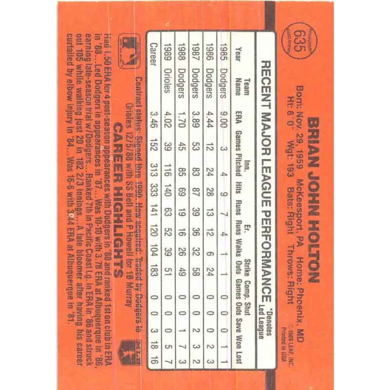 1990 Donruss #635 Brian Holton VG-EX Baltimore Orioles Baseball Card - Baseball Card Single