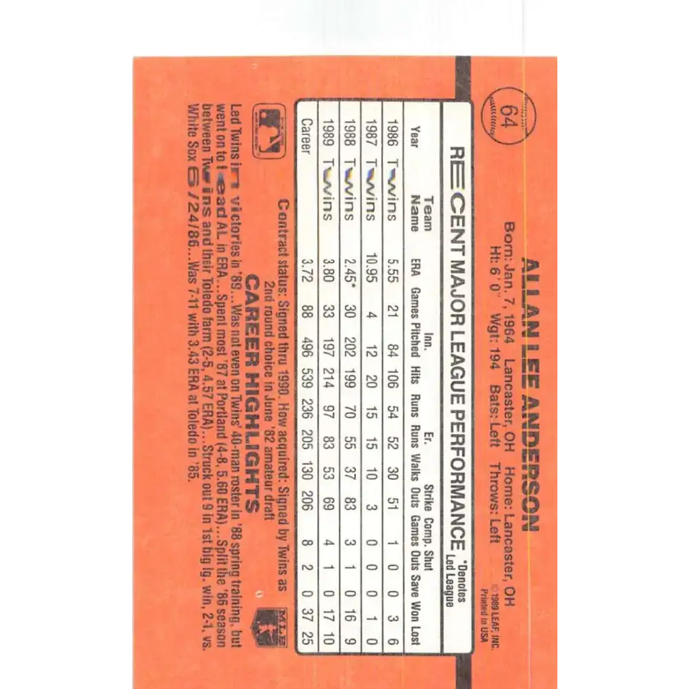 1990 Donruss #64 Allan Anderson VG-EX Minnesota Twins Baseball Card - Baseball Card Single