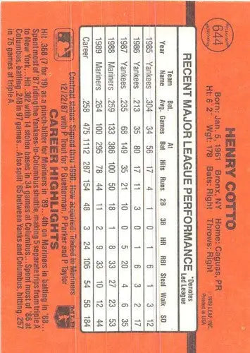1990 Donruss #644 Henry Cotto NM Near Mint Mariners - Baseball Card Single