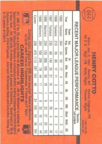 Baseball card back of 1990 Donruss #644 Henry Cotto, original gloss condition
