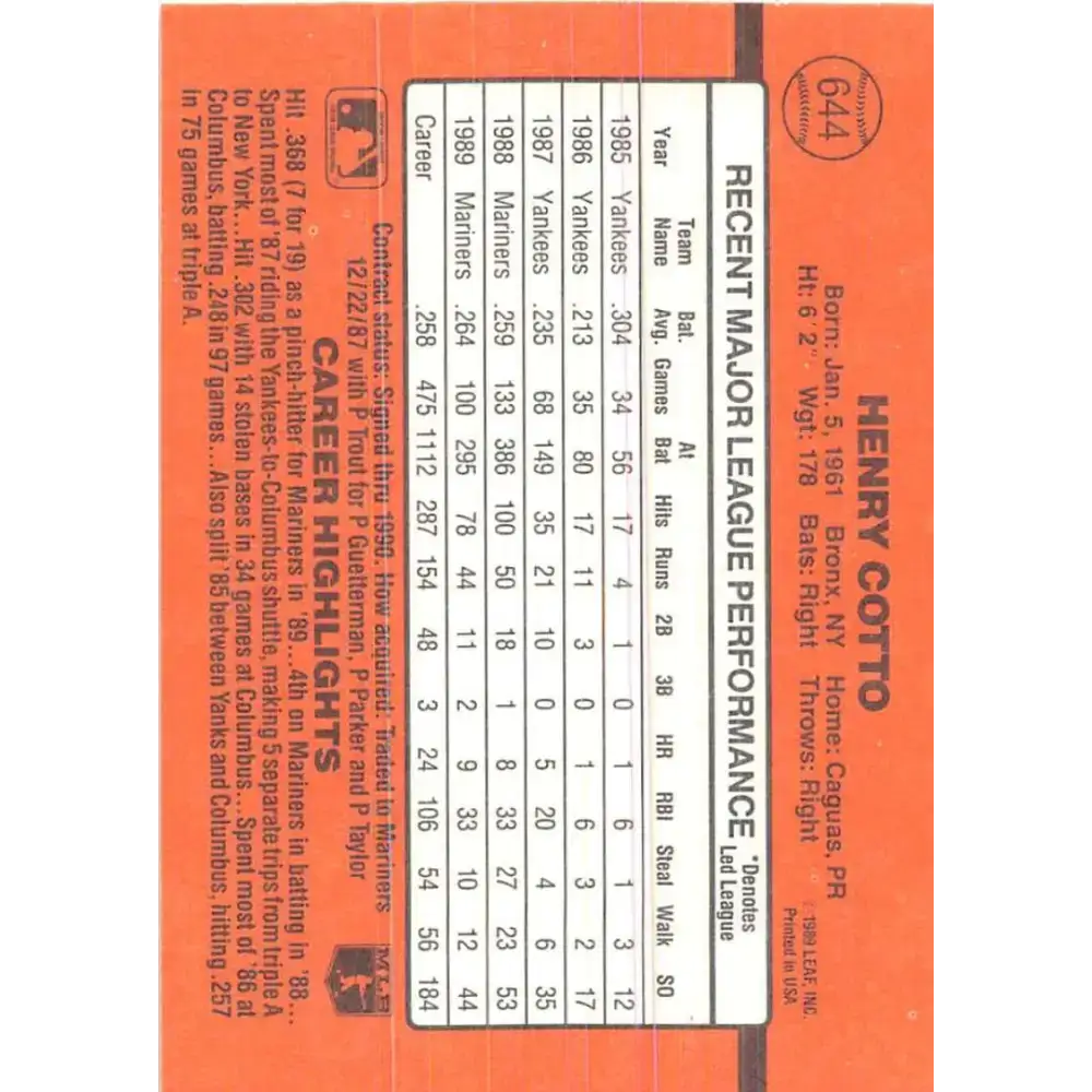 1990 Donruss #644 Henry Cotto VG-EX Seattle Mariners Baseball Card - Baseball Card Single