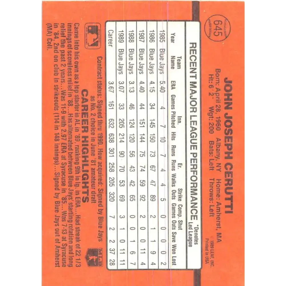 1990 Donruss #645 John Cerutti VG-EX Toronto Blue Jays Baseball Card - Baseball Card Single