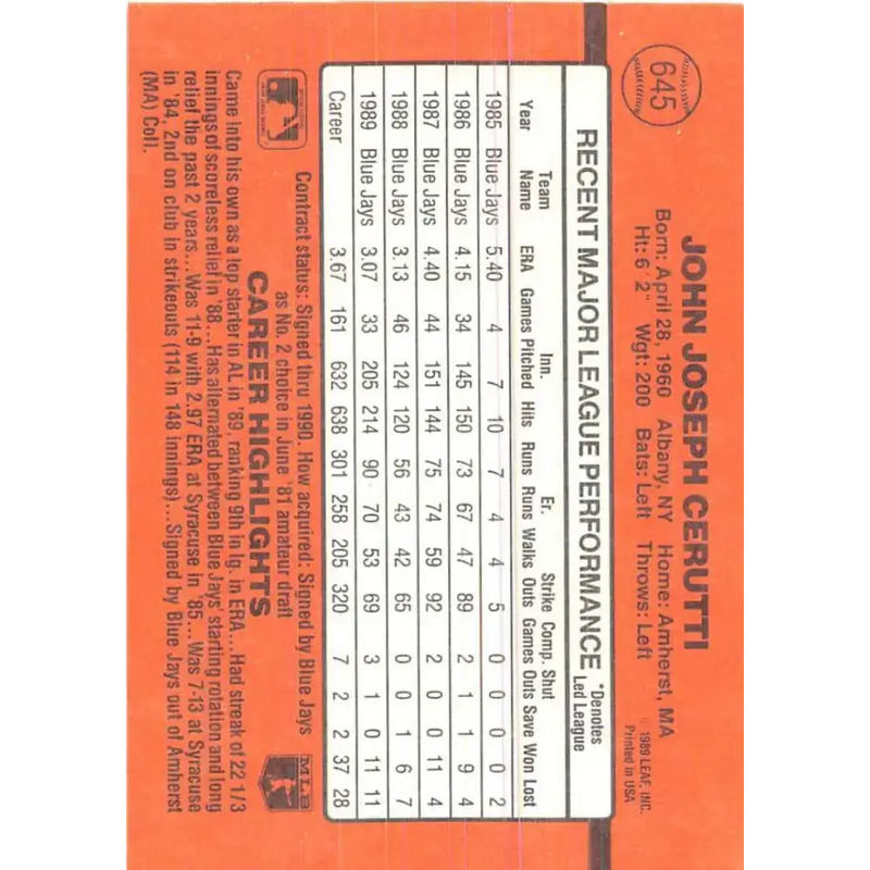 1990 Donruss #645 John Cerutti VG-EX Toronto Blue Jays Baseball Card - Baseball Card Single
