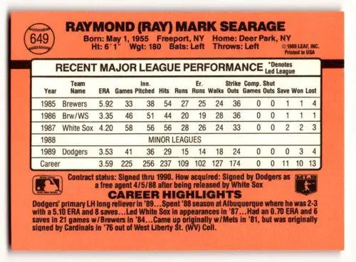 Back of 1990 Donruss Ray Searage Los Angeles Dodgers baseball card with original gloss