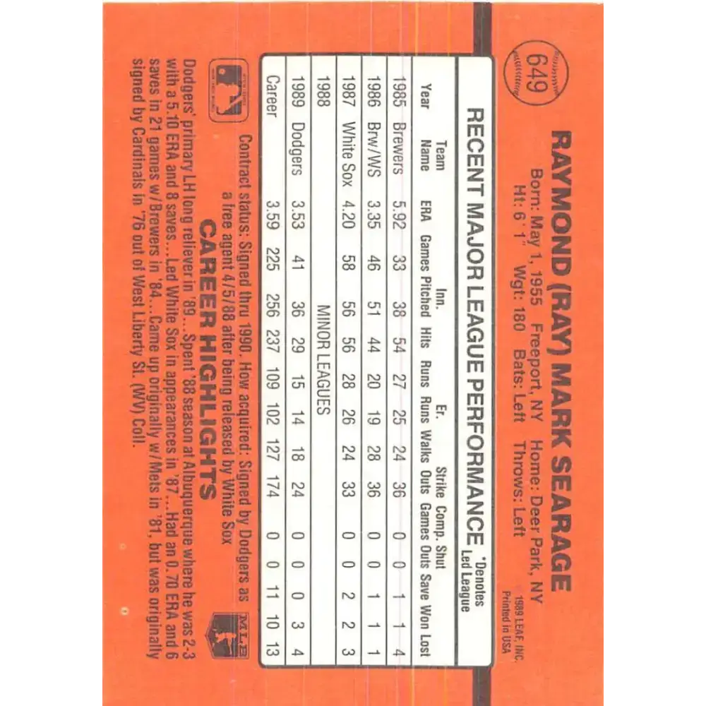 1990 Donruss #649 Ray Searage VG-EX Los Angeles Dodgers Baseball Card - Baseball Card Single