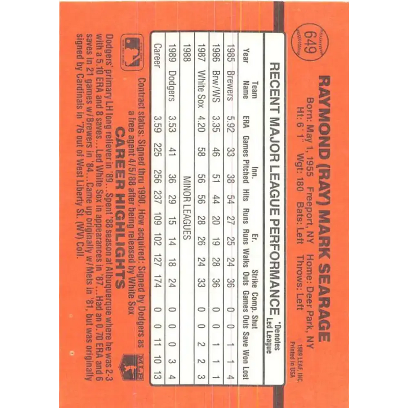 1990 Donruss #649 Ray Searage VG-EX Los Angeles Dodgers Baseball Card - Baseball Card Single