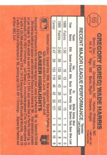 1990 Donruss #65 Greg Harris NM-MT Padres - Baseball Card Single