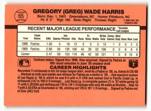 1990 Donruss #65 Greg Harris San Diego Padres Baseball Cards EX/NM ID:56190 - Baseball Card Single
