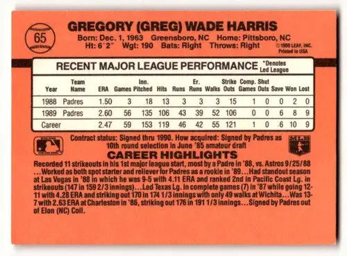 1990 Donruss #65 Greg Harris San Diego Padres Baseball Cards EX/NM ID:56195 - Baseball Card Single