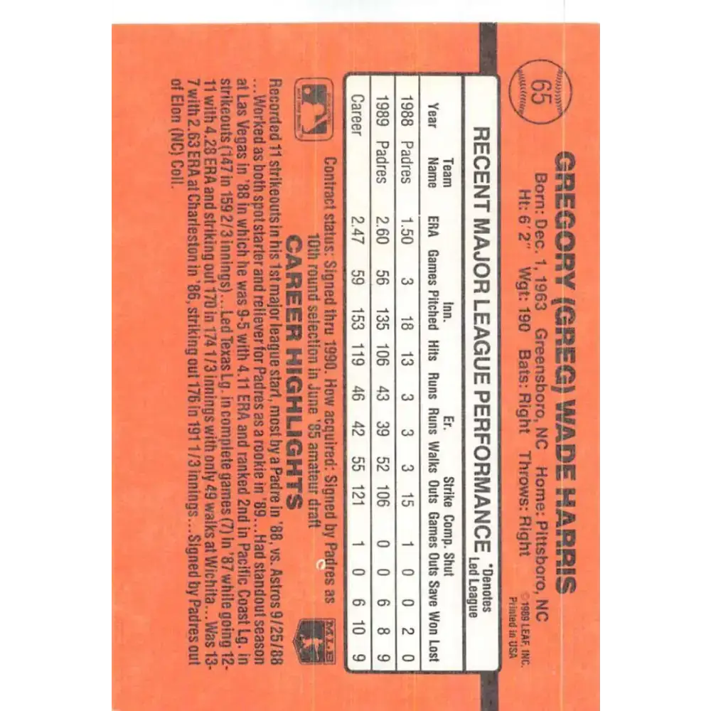 1990 Donruss #65 Greg Harris VG-EX San Diego Padres Baseball Card - Baseball Card Single
