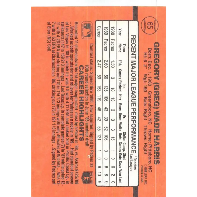 1990 Donruss #65 Greg Harris VG-EX San Diego Padres Baseball Card - Baseball Card Single