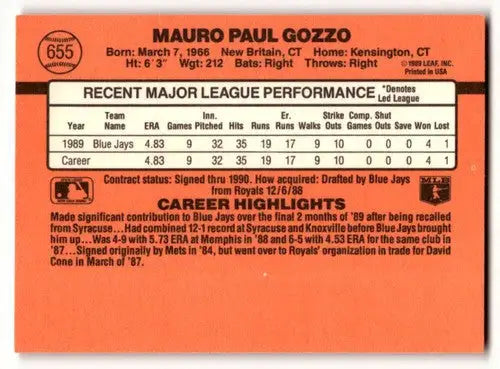 Baseball card back of Mauro Gozzo Toronto Blue Jays 1990 Donruss card EX/NM