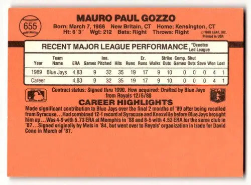 Original gloss baseball card back of Mauro Gozzo Toronto from 1990 Donruss #655