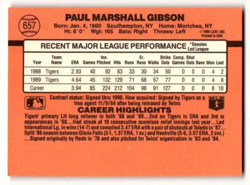 Back of 1990 Donruss Paul Gibson Detroit Tigers baseball card showing original gloss