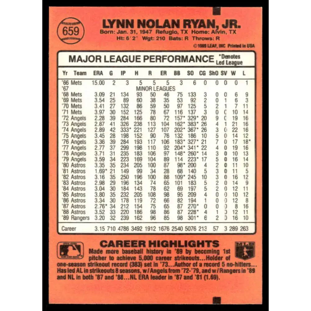 1990 Donruss #659 Nolan Ryan EX/NM Texas Rangers Baseball Card - Baseball Card Single