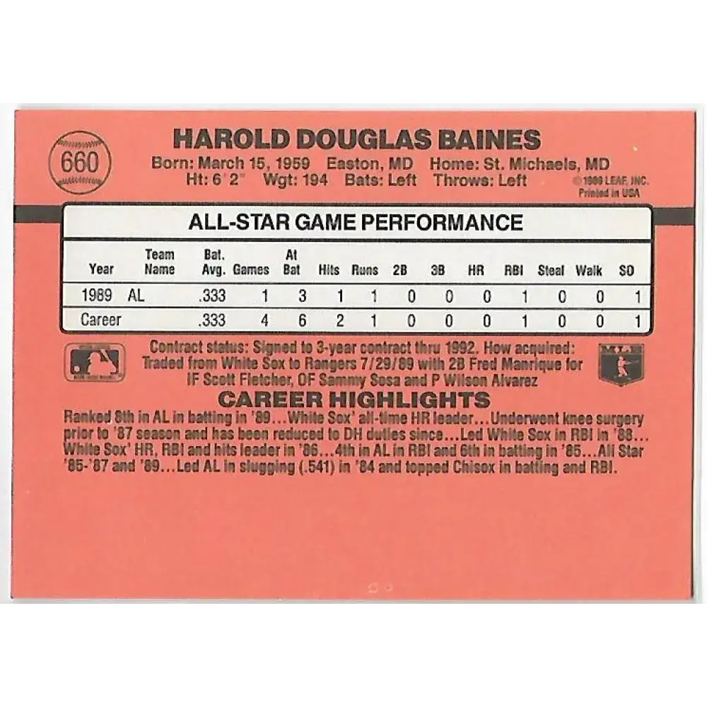1990 Donruss #660d Harold Baines COR AS VG-EX Texas Rangers Baseball Card - Baseball Card Single